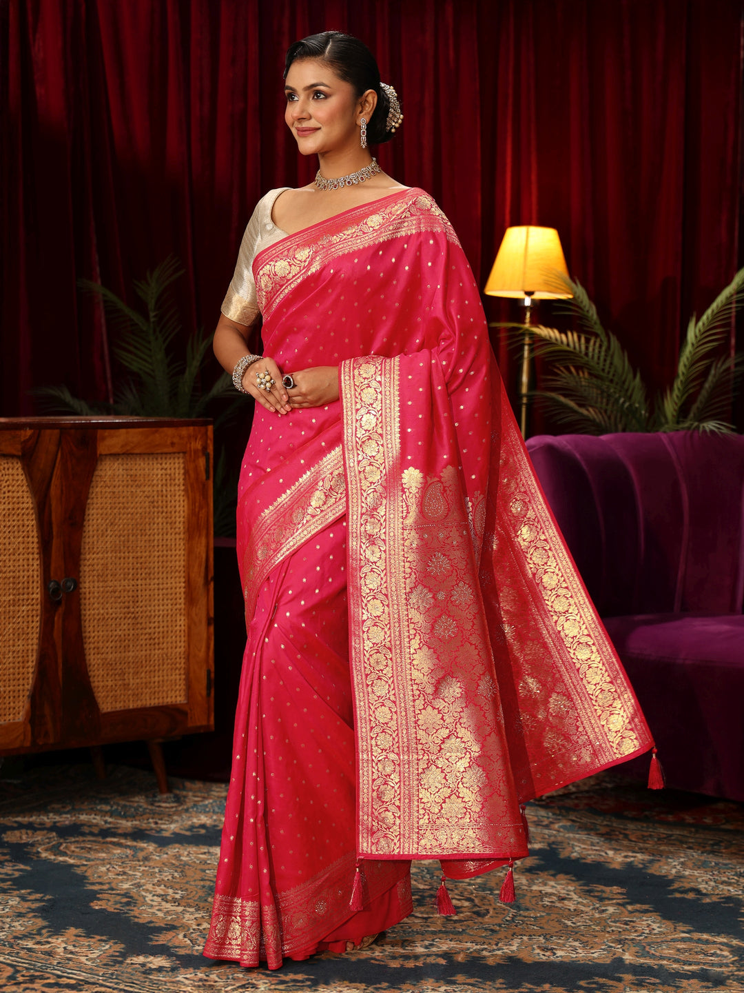  Libas Hot Pink Banarasi Silk Blend Saree 