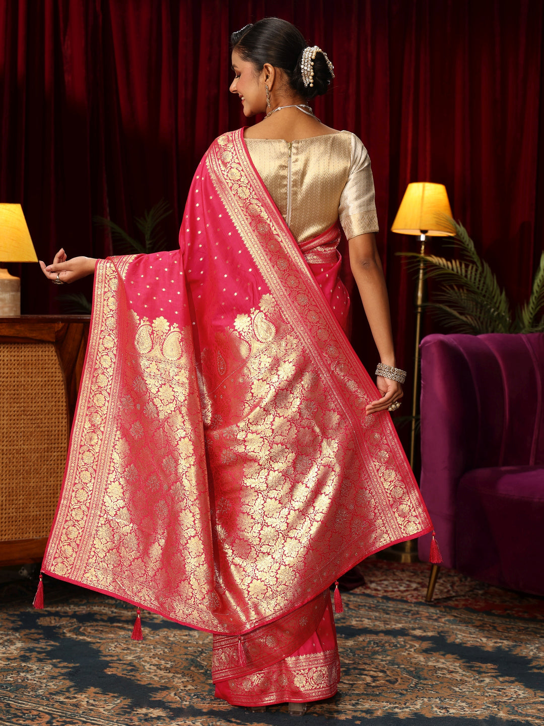  Libas Hot Pink Banarasi Silk Blend Saree 