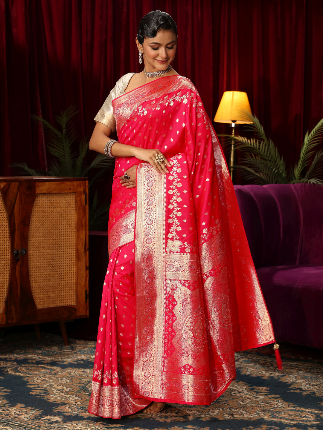  Libas Hot Pink Banarasi Silk Blend Saree 
