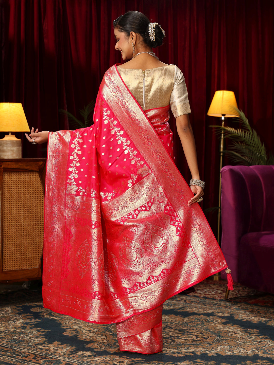  Libas Hot Pink Banarasi Silk Blend Saree 