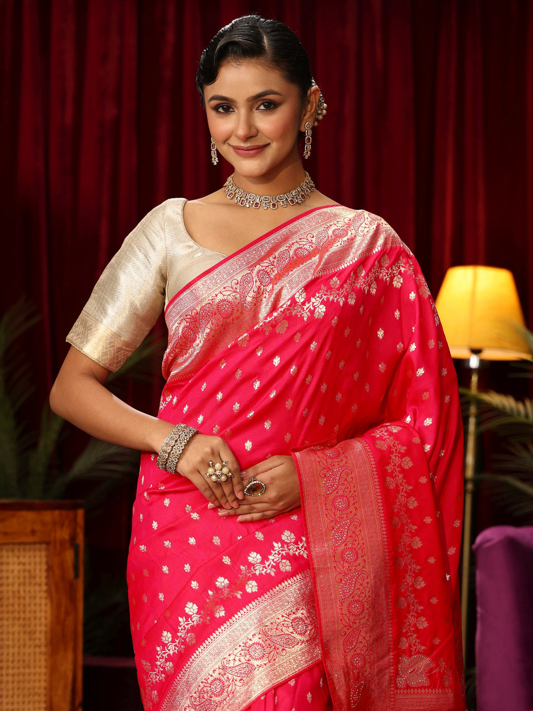  Libas Hot Pink Banarasi Silk Blend Saree 