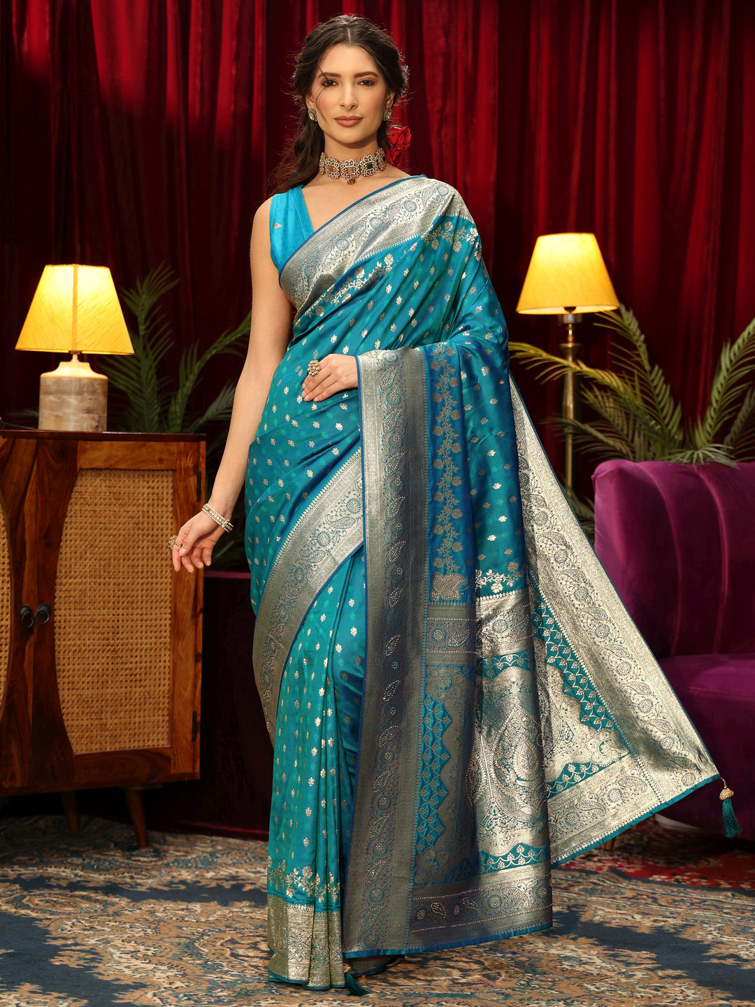  Libas Turquoise Blue Woven Design Silk Blend Saree 