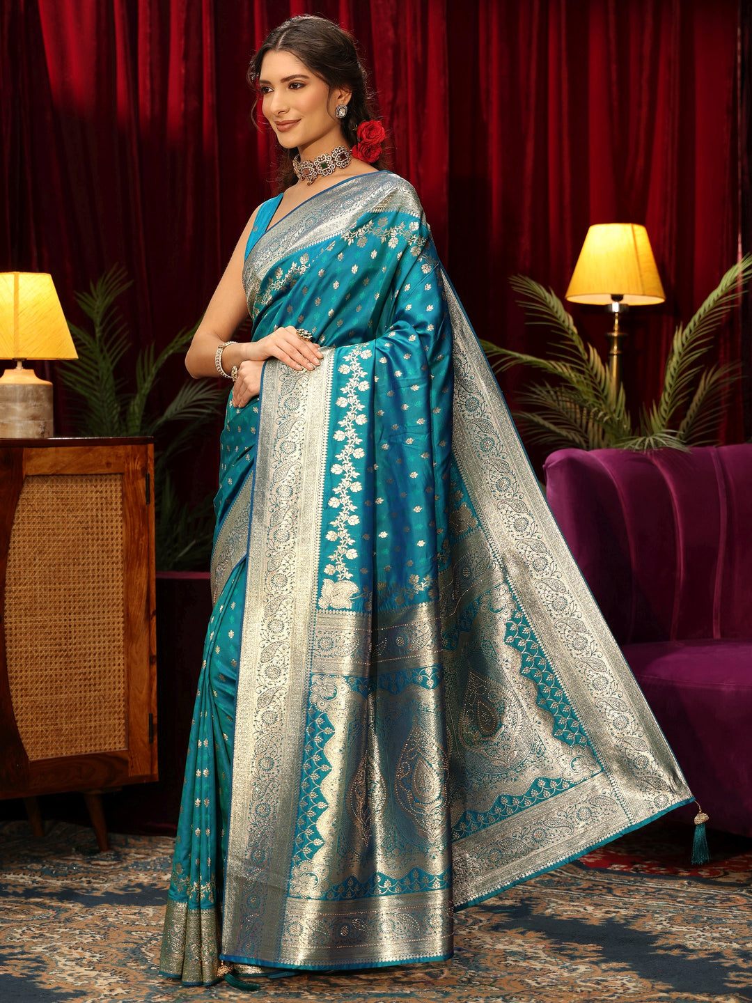  Libas Turquoise Blue Woven Design Silk Blend Saree 
