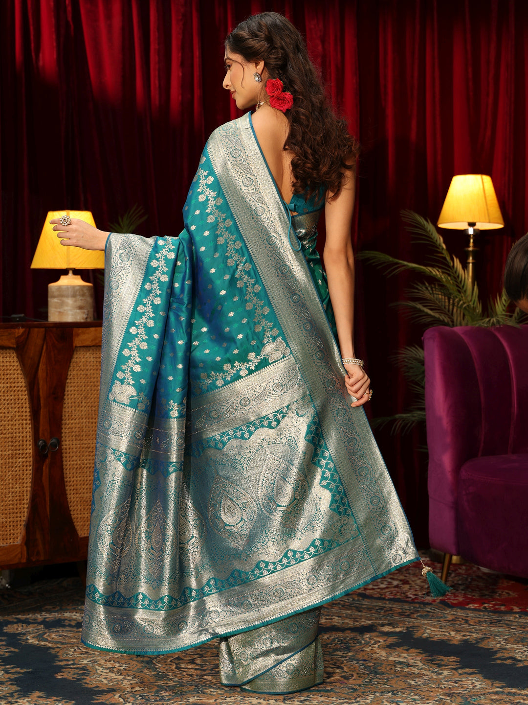  Libas Turquoise Blue Woven Design Silk Blend Saree 