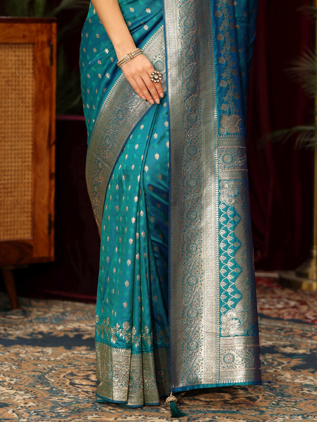  Libas Turquoise Blue Woven Design Silk Blend Saree 