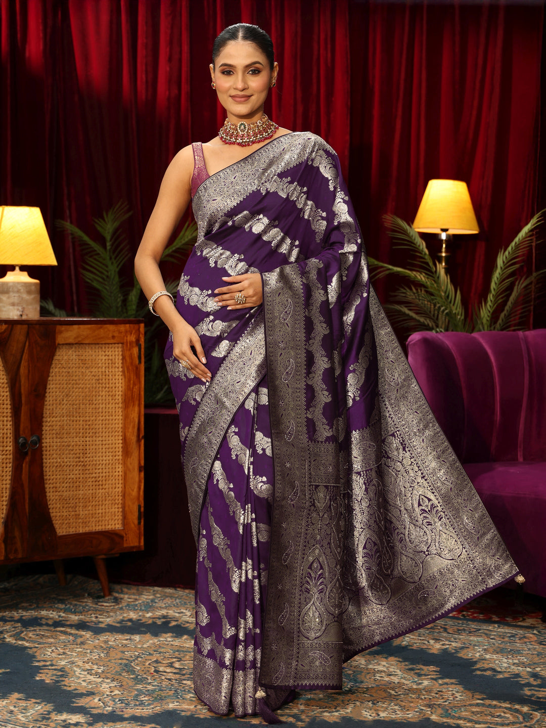  Libas Wine Floral Woven Design Silk Blend Saree 