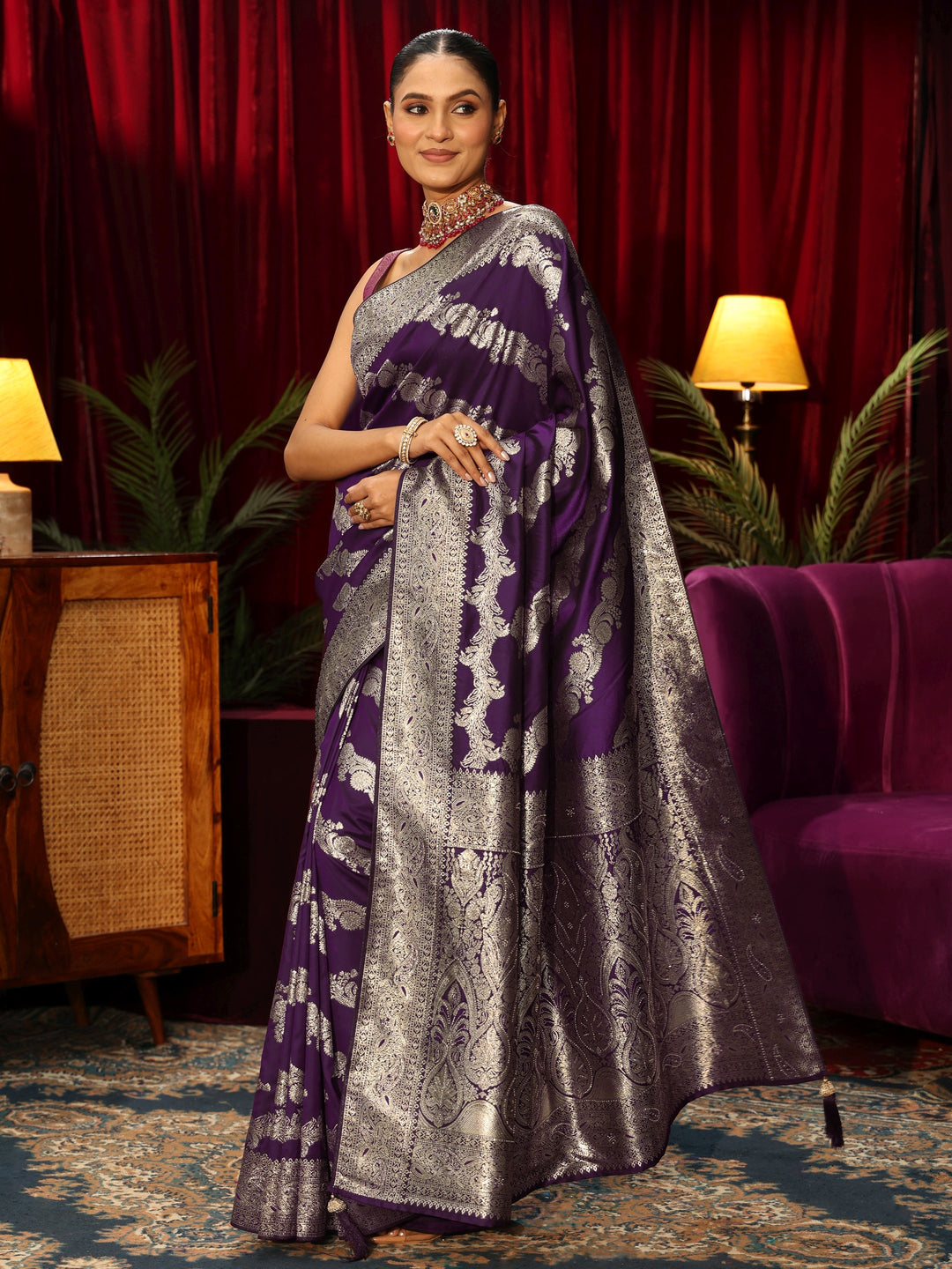  Libas Wine Floral Woven Design Silk Blend Saree 