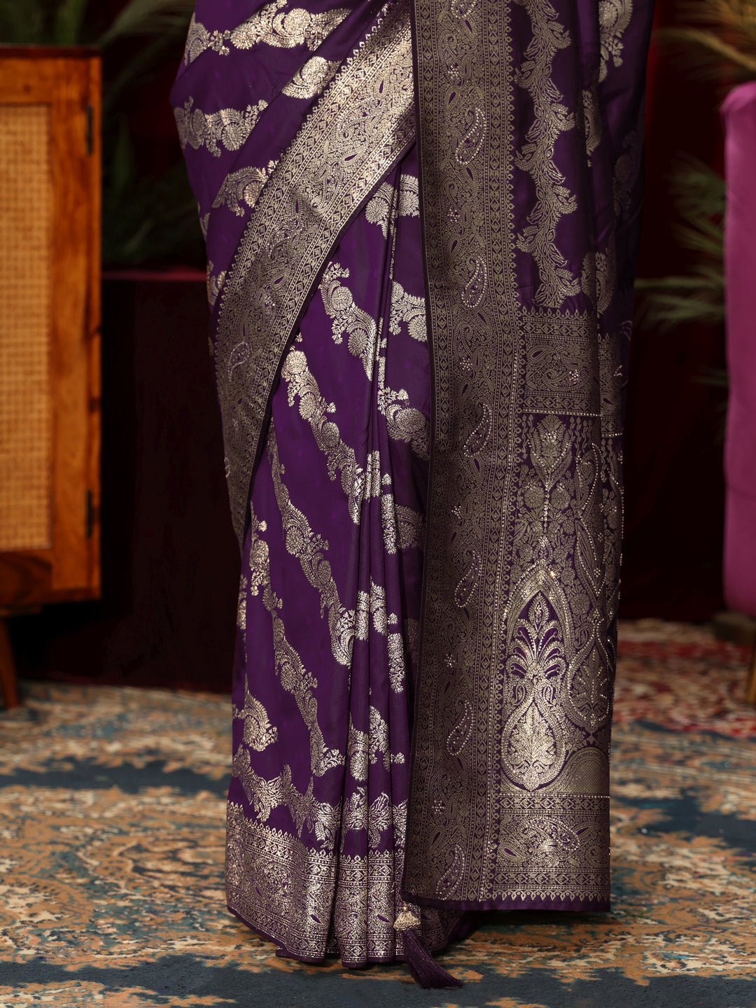  Libas Wine Floral Woven Design Silk Blend Saree 