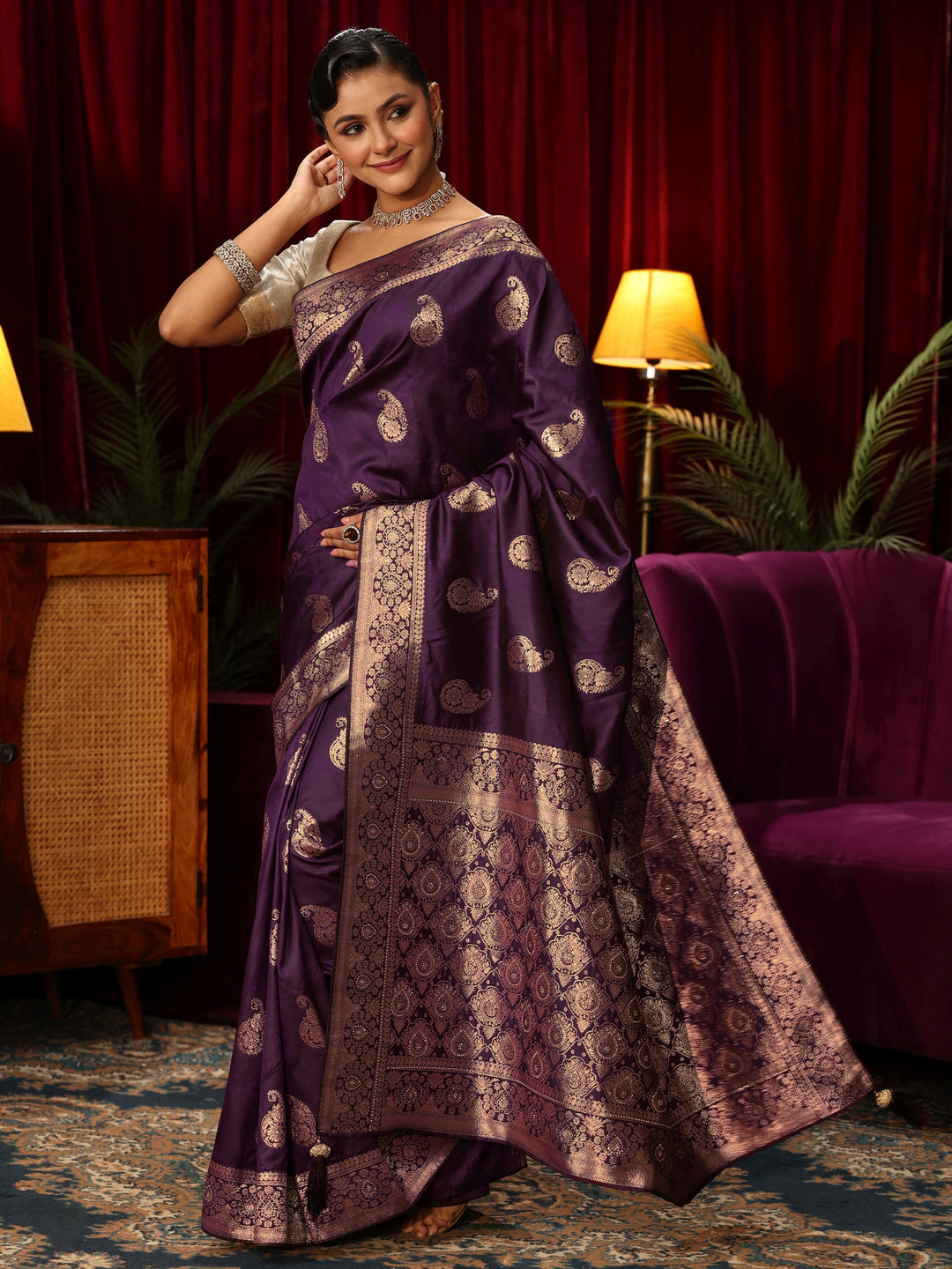  Libas Wine Paisley Woven Design Silk Blend Saree 