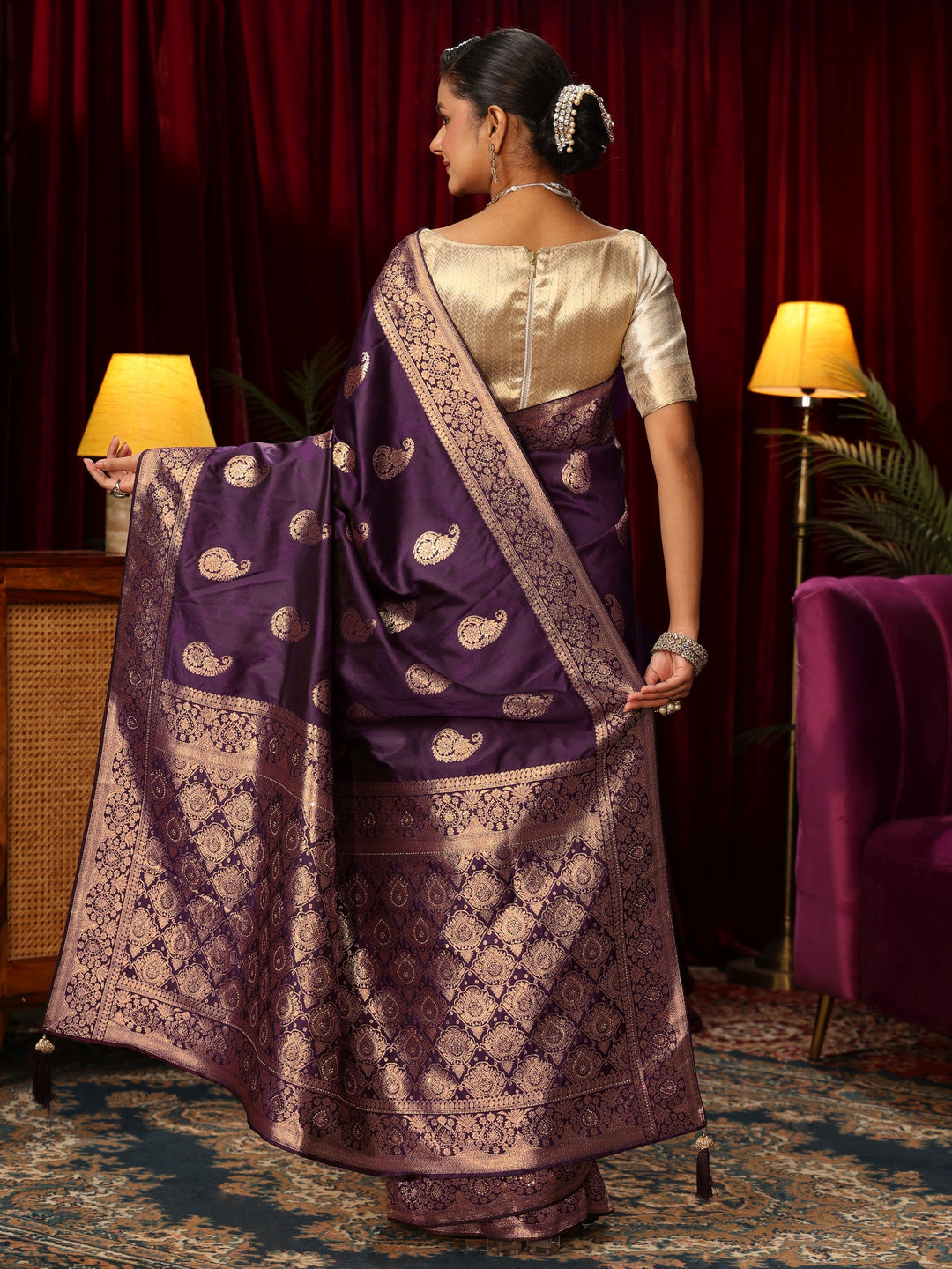  Libas Wine Paisley Woven Design Silk Blend Saree 