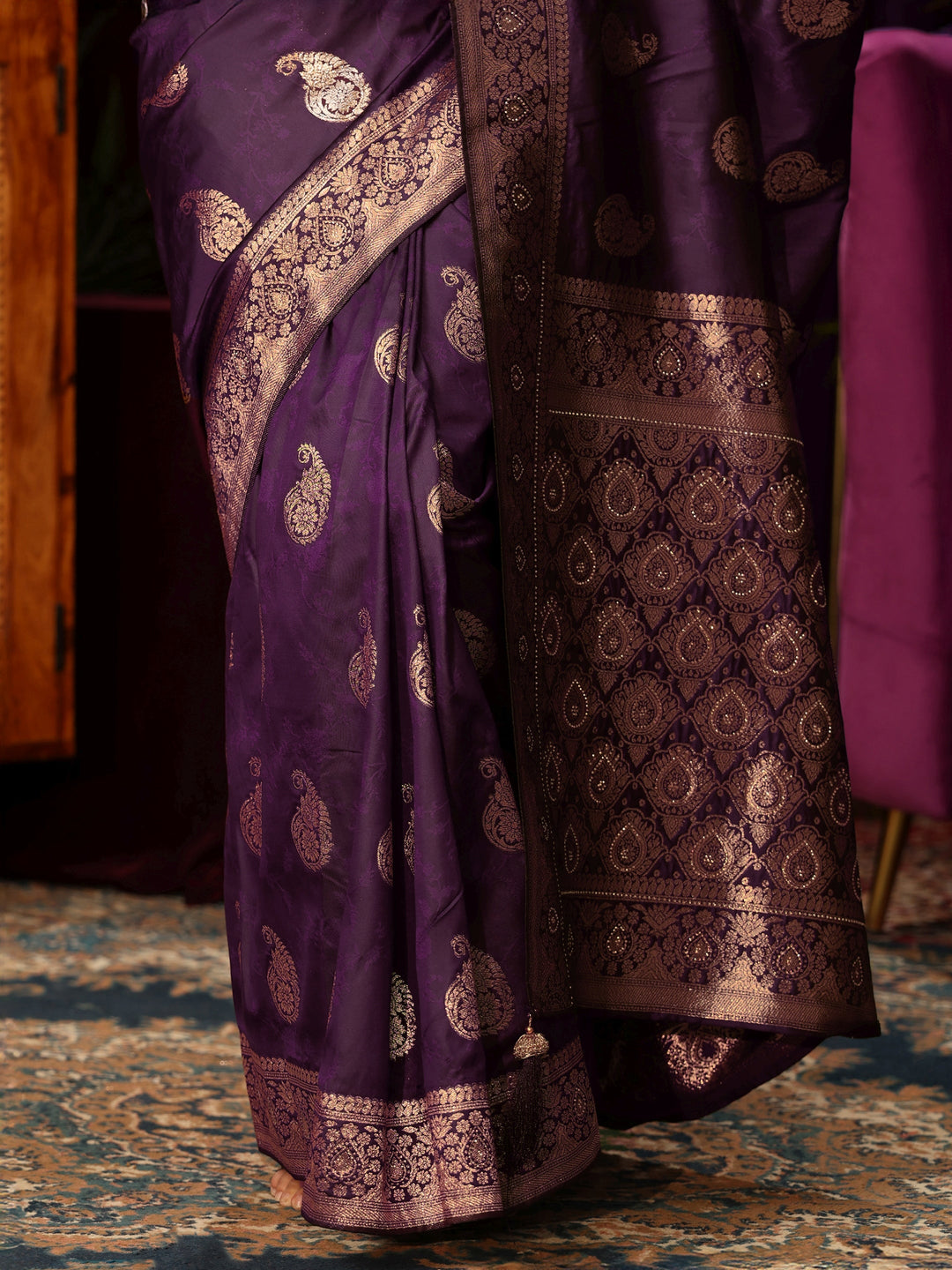  Libas Wine Paisley Woven Design Silk Blend Saree 