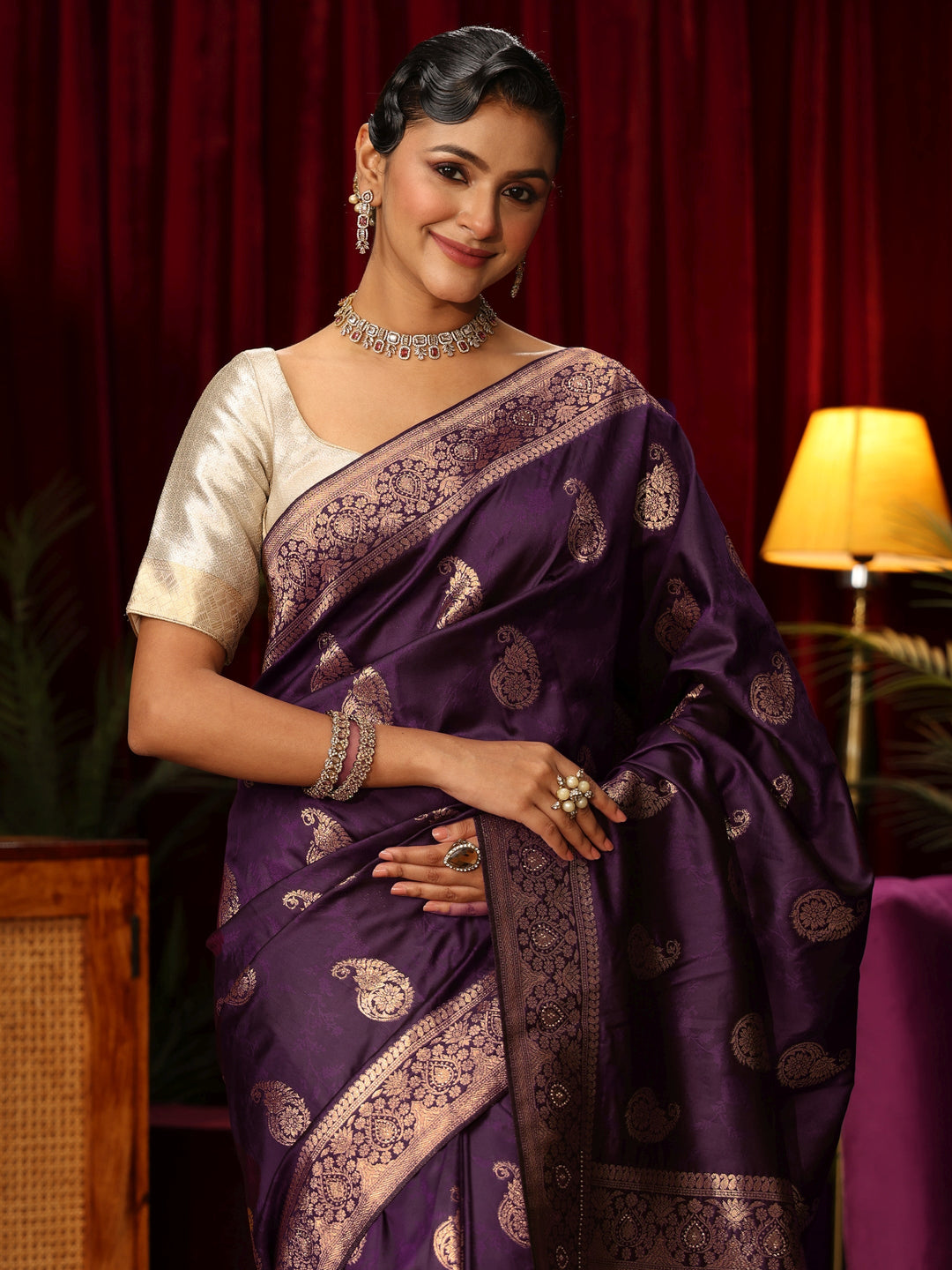  Libas Wine Paisley Woven Design Silk Blend Saree 