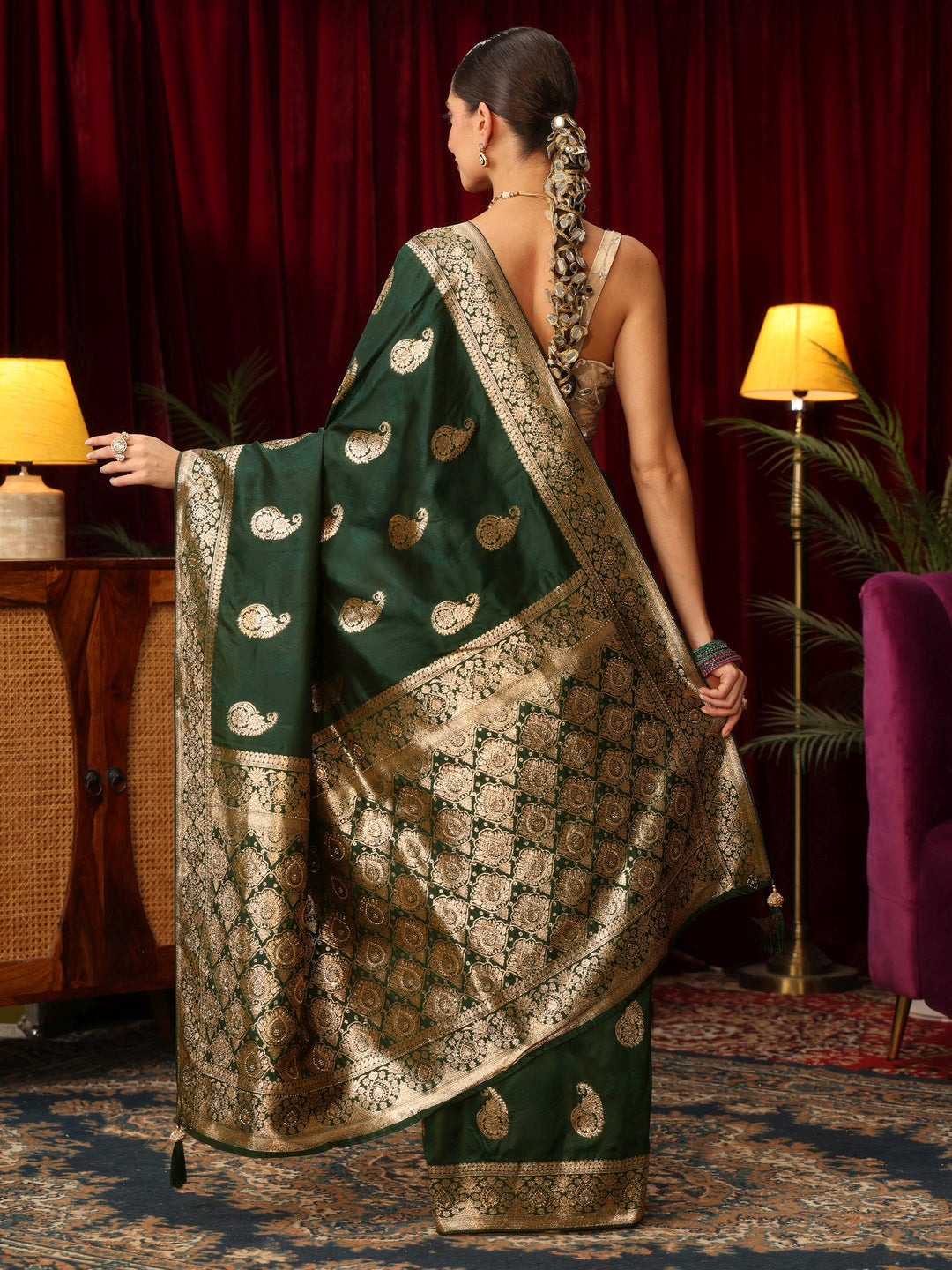  Libas Forest Green Paisley Woven Design Silk Blend Saree 
