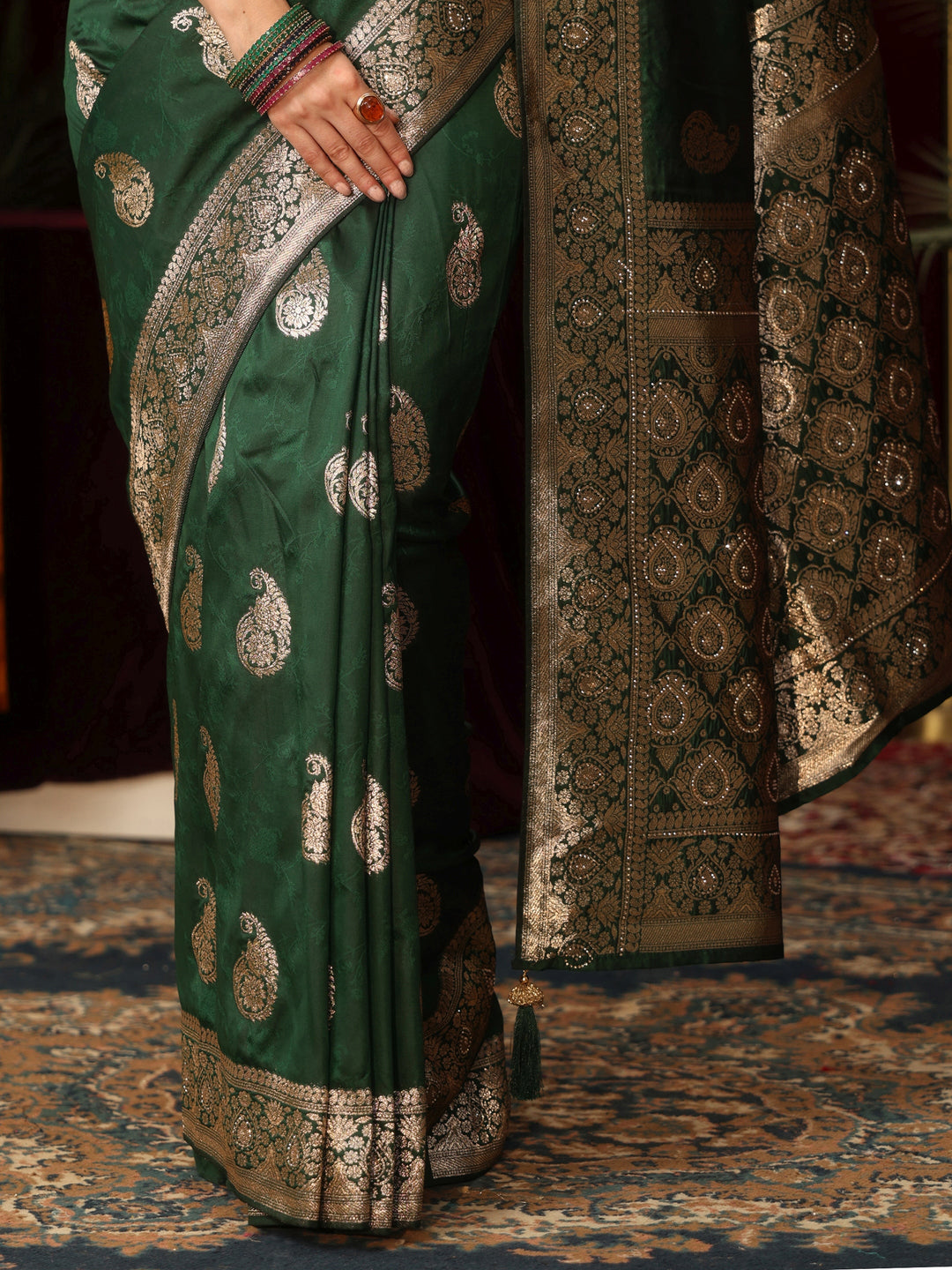  Libas Forest Green Paisley Woven Design Silk Blend Saree 