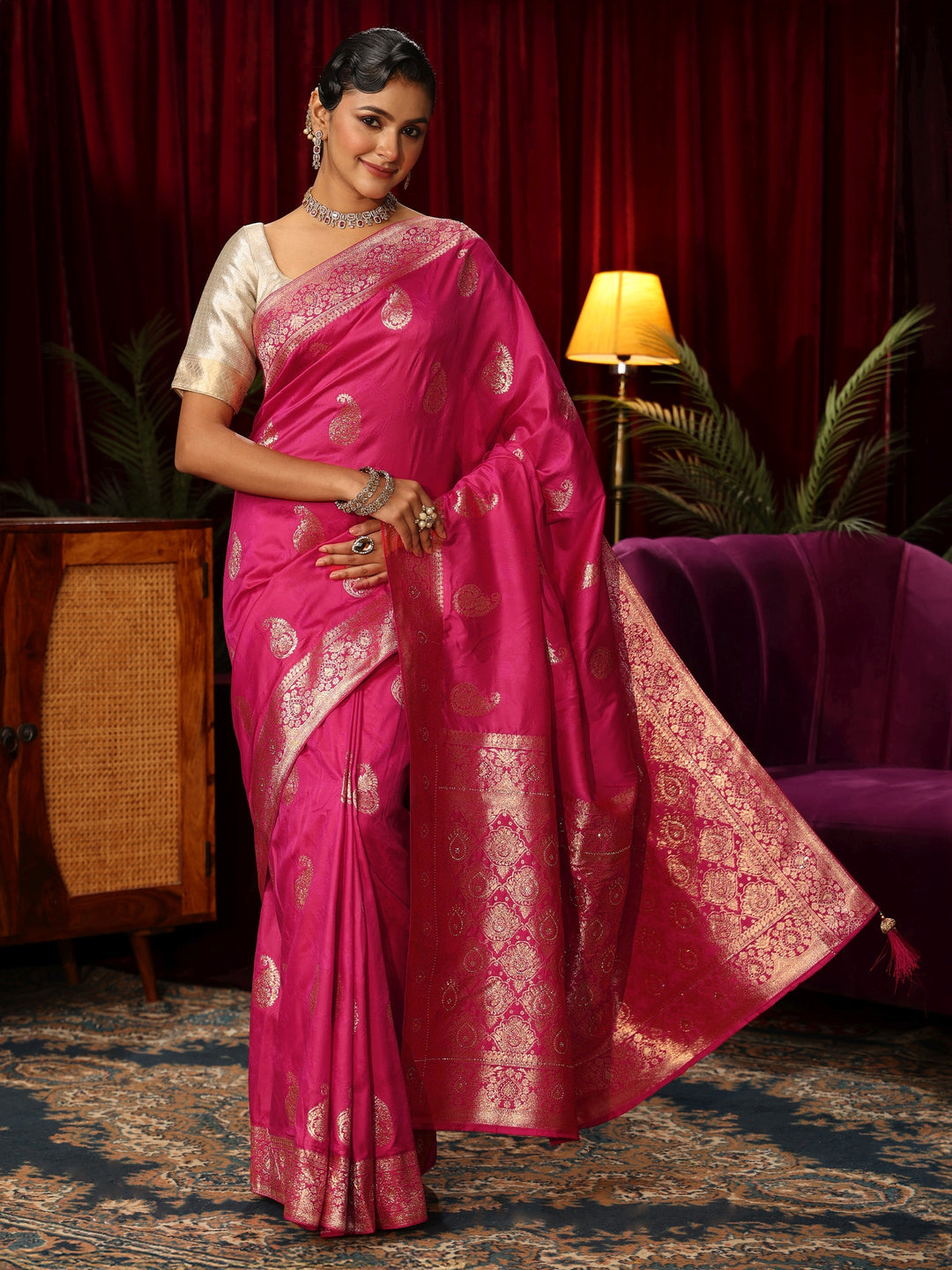  Libas Fuchsia Pink Paisley Woven Design Silk Blend Saree 