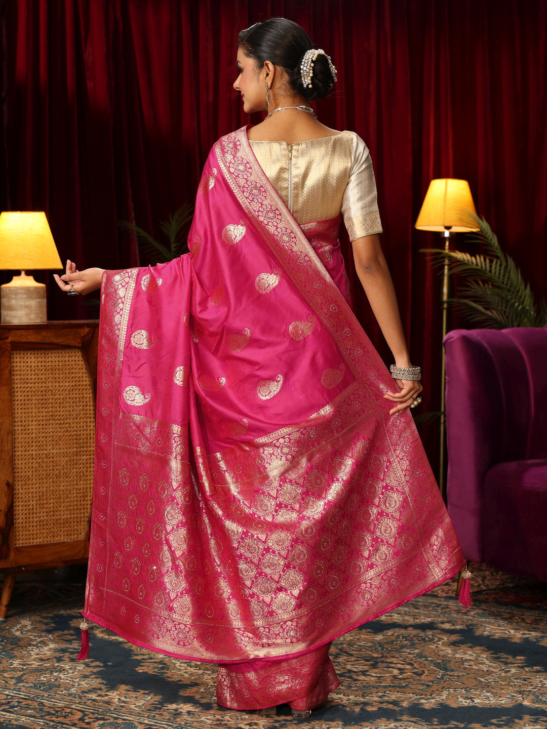  Libas Fuchsia Pink Paisley Woven Design Silk Blend Saree 