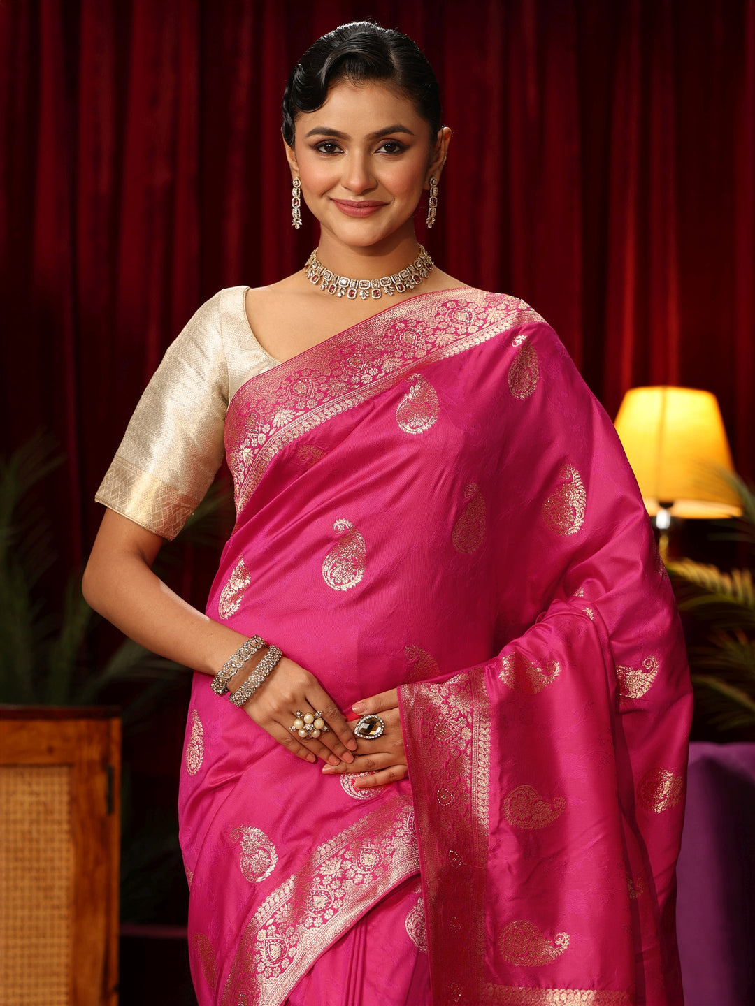  Libas Fuchsia Pink Paisley Woven Design Silk Blend Saree 