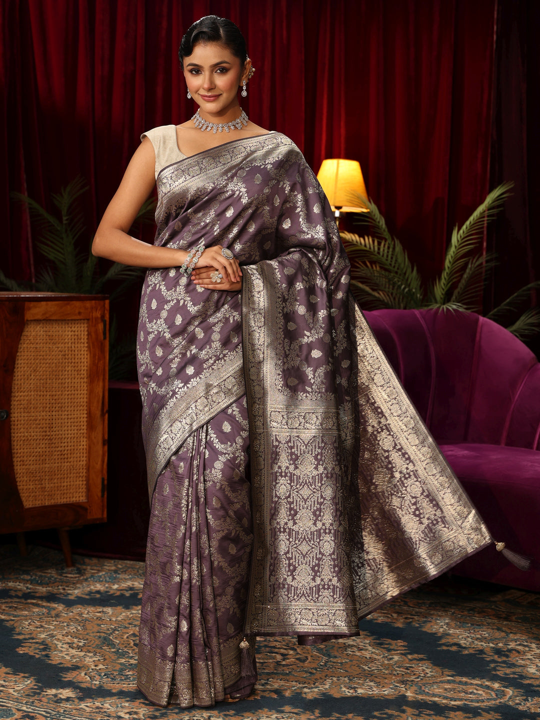  Libas Lavender Floral Design Silk Blend Banarasi Saree 