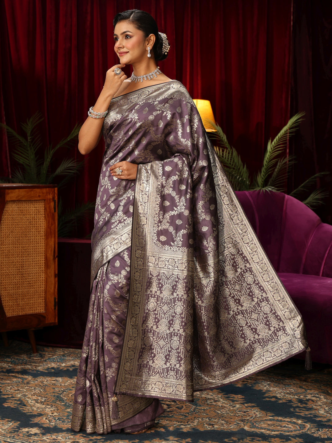  Libas Lavender Floral Design Silk Blend Banarasi Saree 