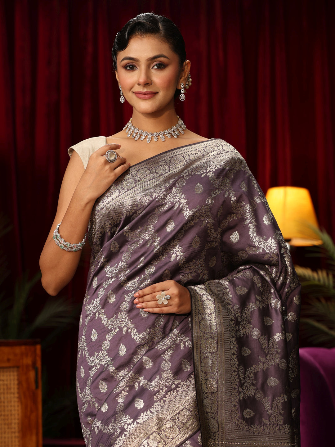  Libas Lavender Floral Design Silk Blend Banarasi Saree 