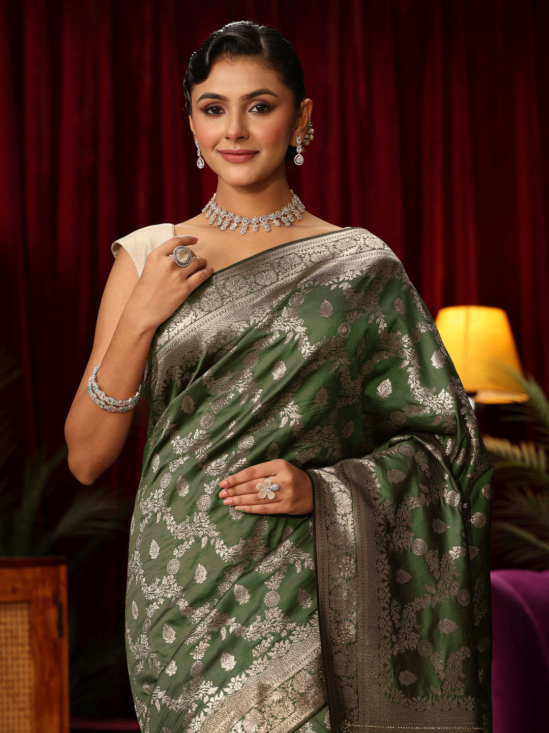 Libas Leaf Green Floral Design Silk Blend Banarasi Saree 