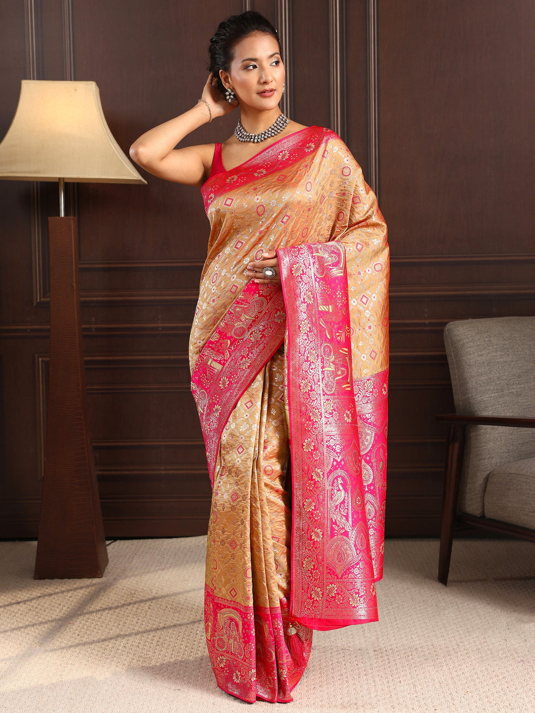  Libas Mustard Ethnic Woven Design Silk Blend Saree 