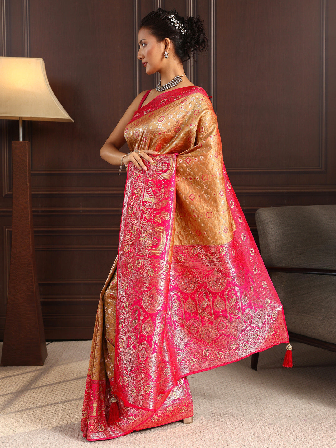  Libas Mustard Ethnic Woven Design Silk Blend Saree 