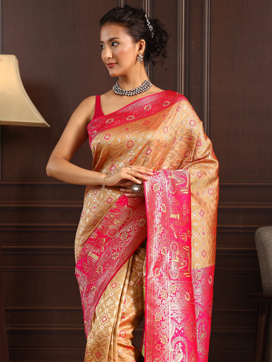  Libas Mustard Ethnic Woven Design Silk Blend Saree 