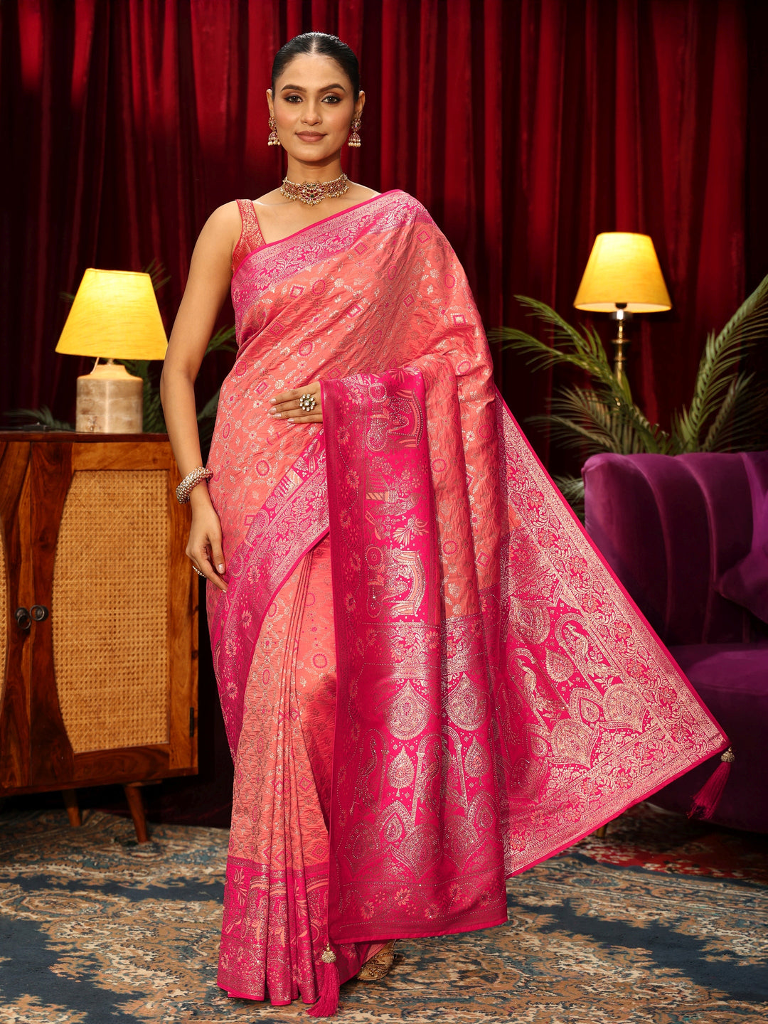  Libas Peach Pink Woven Design Silk Blend Saree 