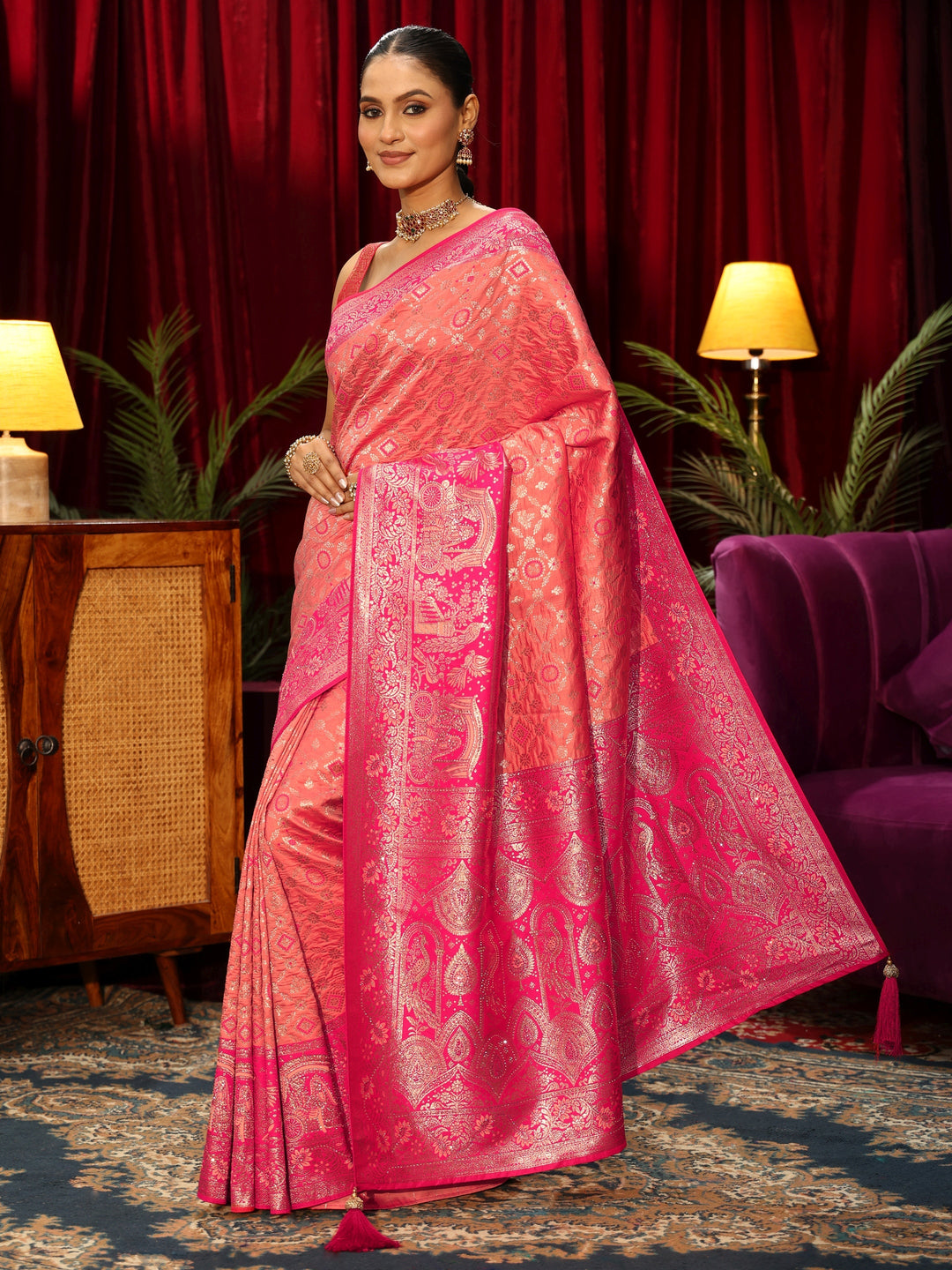  Libas Peach Pink Woven Design Silk Blend Saree 