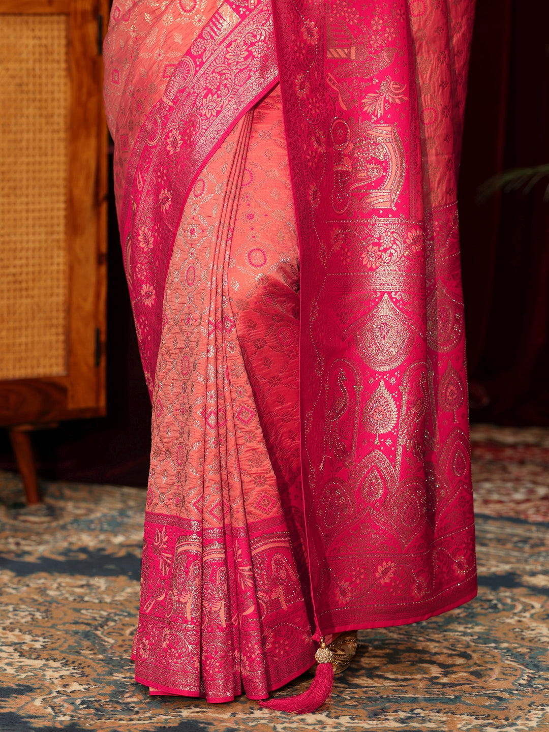  Libas Peach Pink Woven Design Silk Blend Saree 