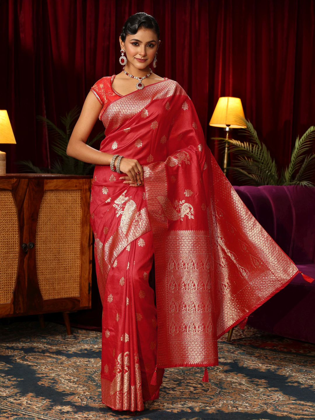  Libas Red Peacock Woven Design Silk Blend Saree 