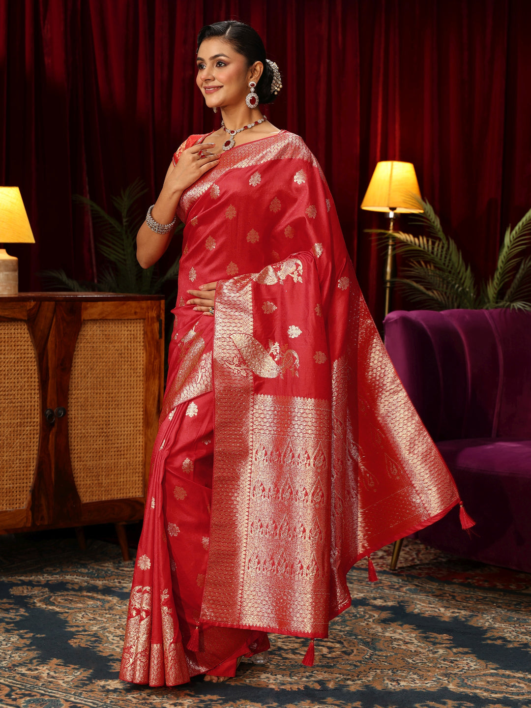  Libas Red Peacock Woven Design Silk Blend Saree 