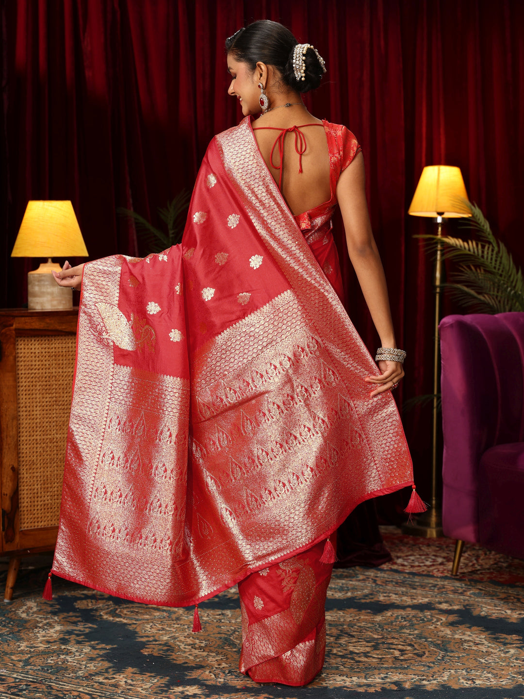  Libas Red Peacock Woven Design Silk Blend Saree 