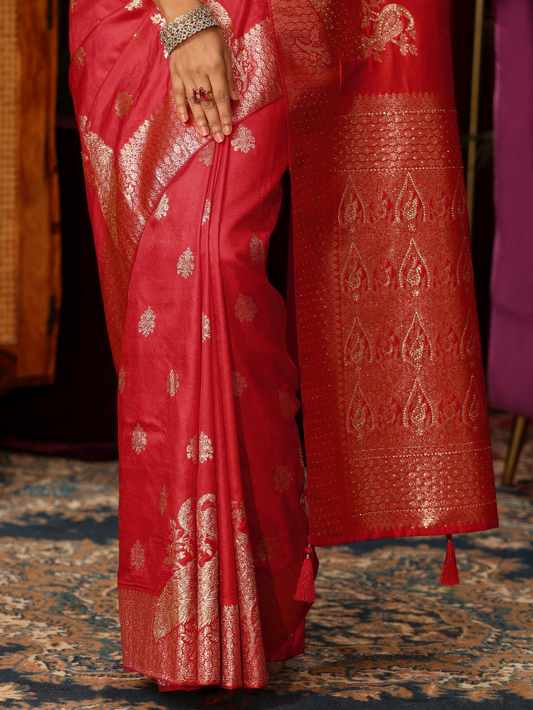  Libas Red Peacock Woven Design Silk Blend Saree 
