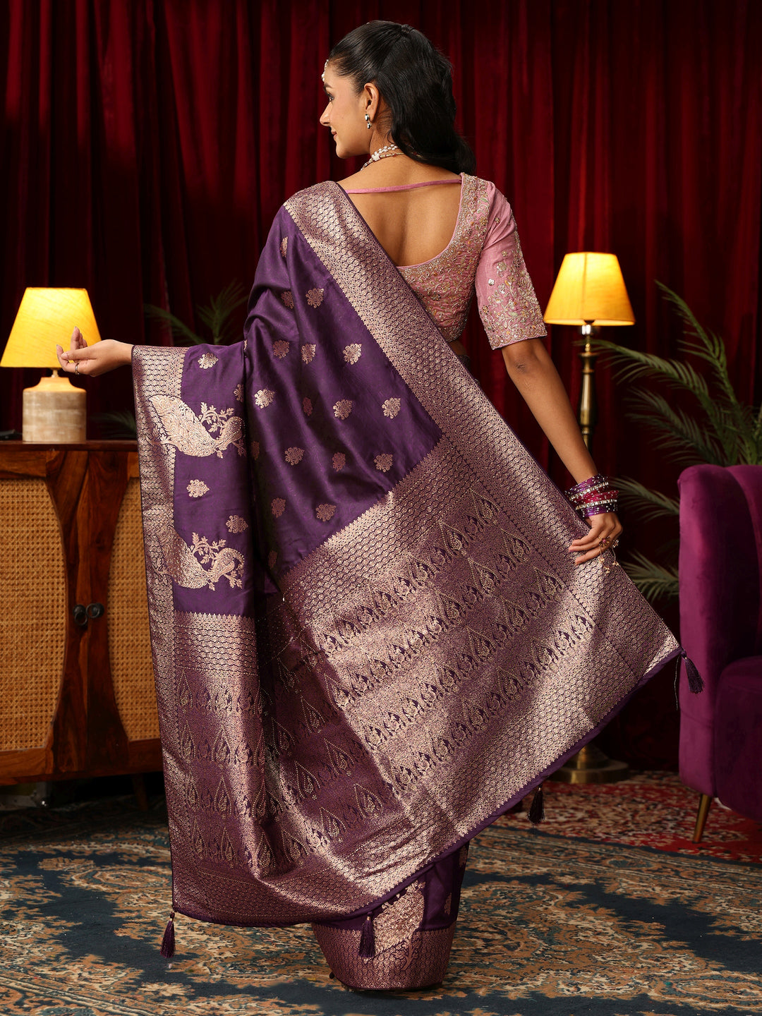  Libas Royal Purple Peacock Woven Design Silk Blend Saree 