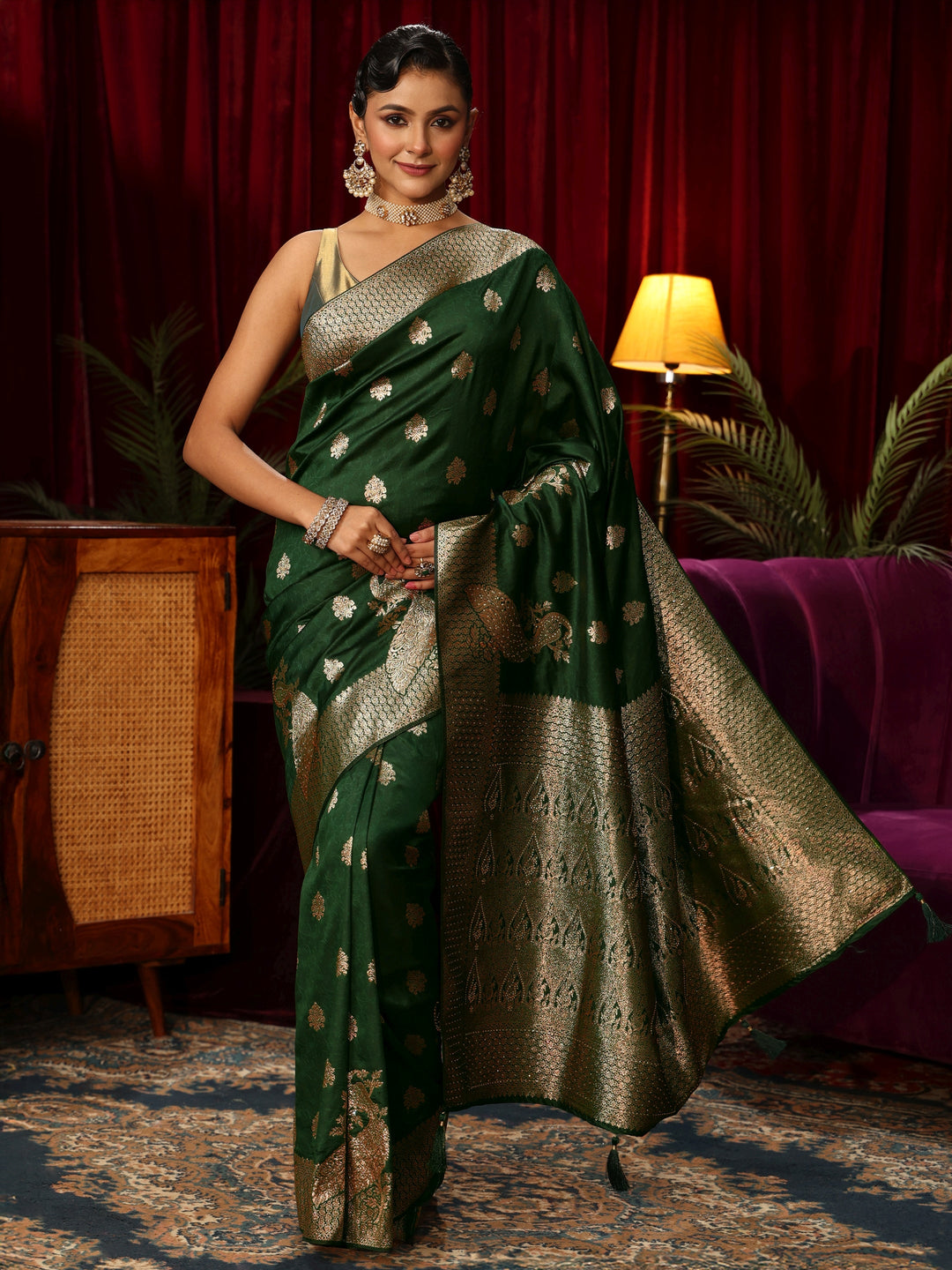  Libas Emerald Green Peacock Woven Design Silk Blend Saree 
