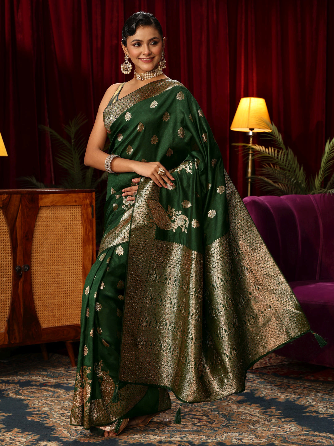  Libas Emerald Green Peacock Woven Design Silk Blend Saree 