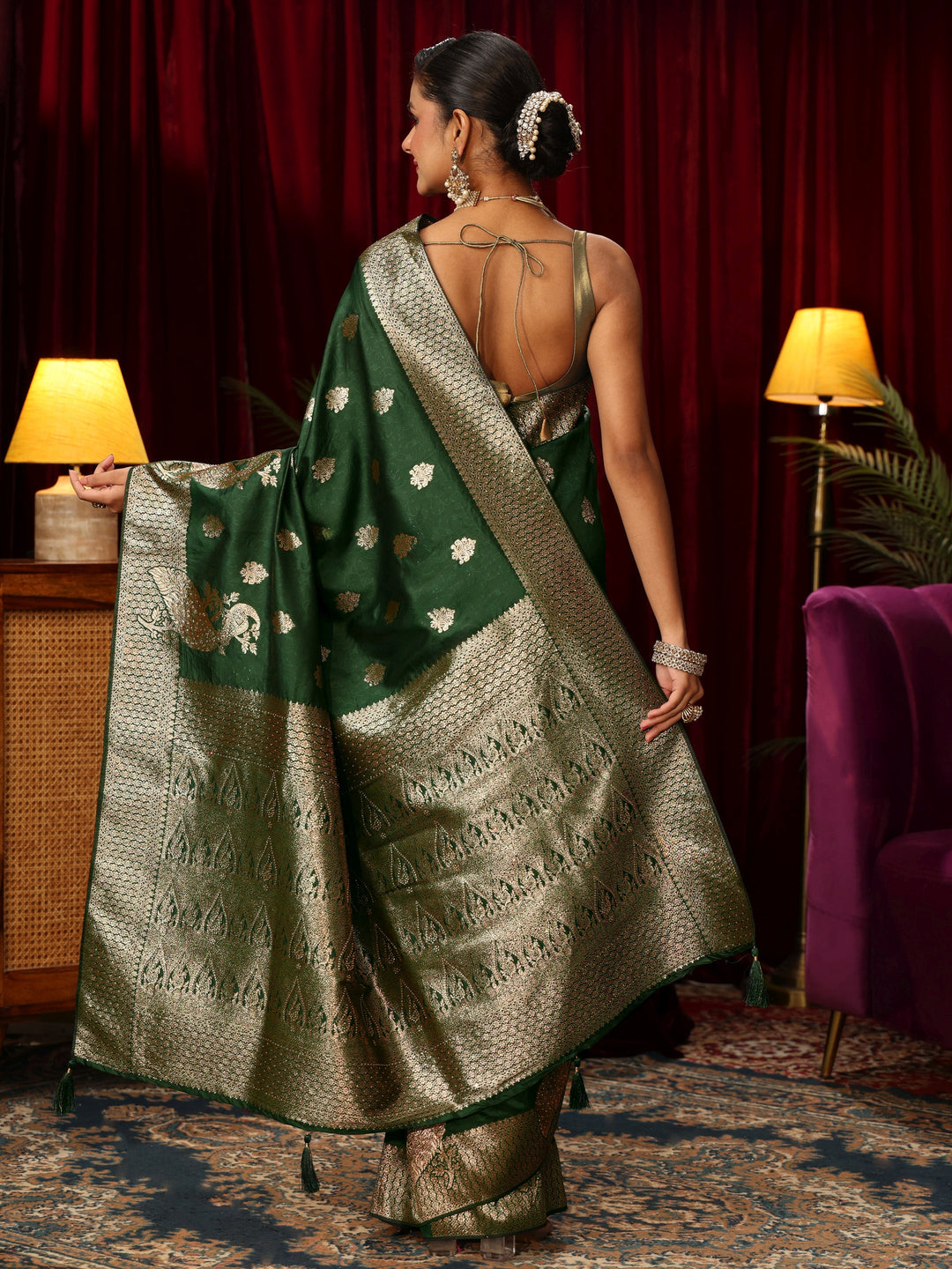  Libas Emerald Green Peacock Woven Design Silk Blend Saree 