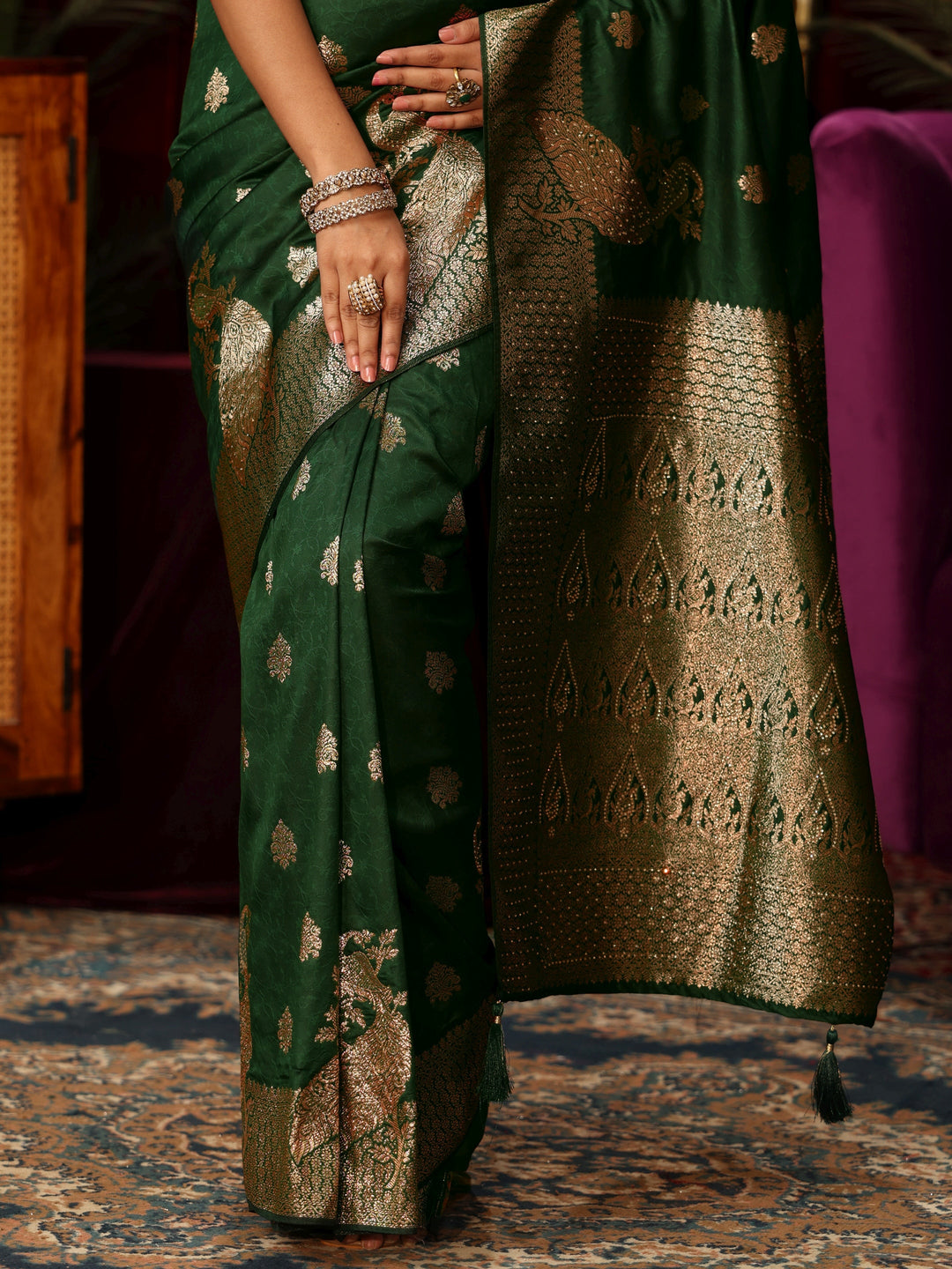  Libas Emerald Green Peacock Woven Design Silk Blend Saree 