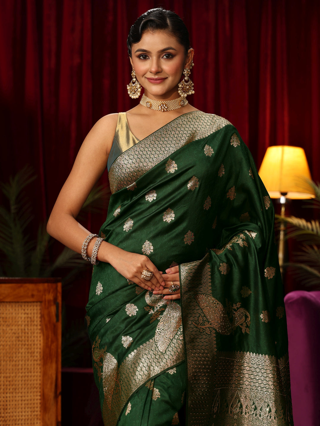  Libas Emerald Green Peacock Woven Design Silk Blend Saree 