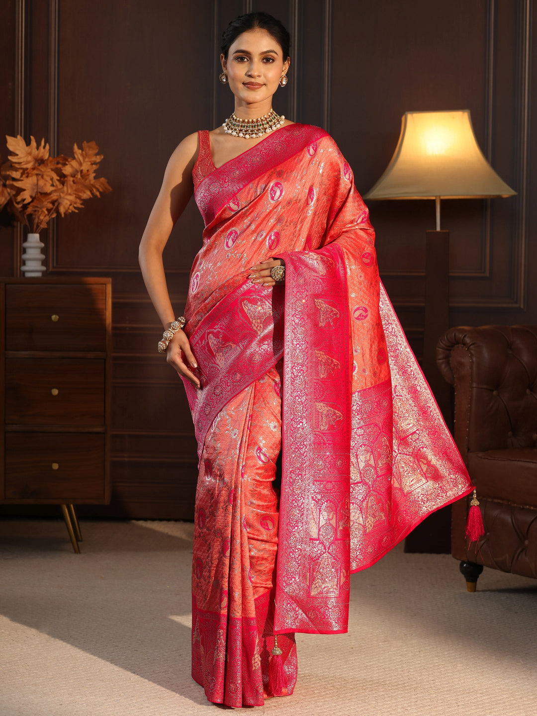  Libas Peach and Pink Woven Design Silk Blend Saree with Embellished Pallu 