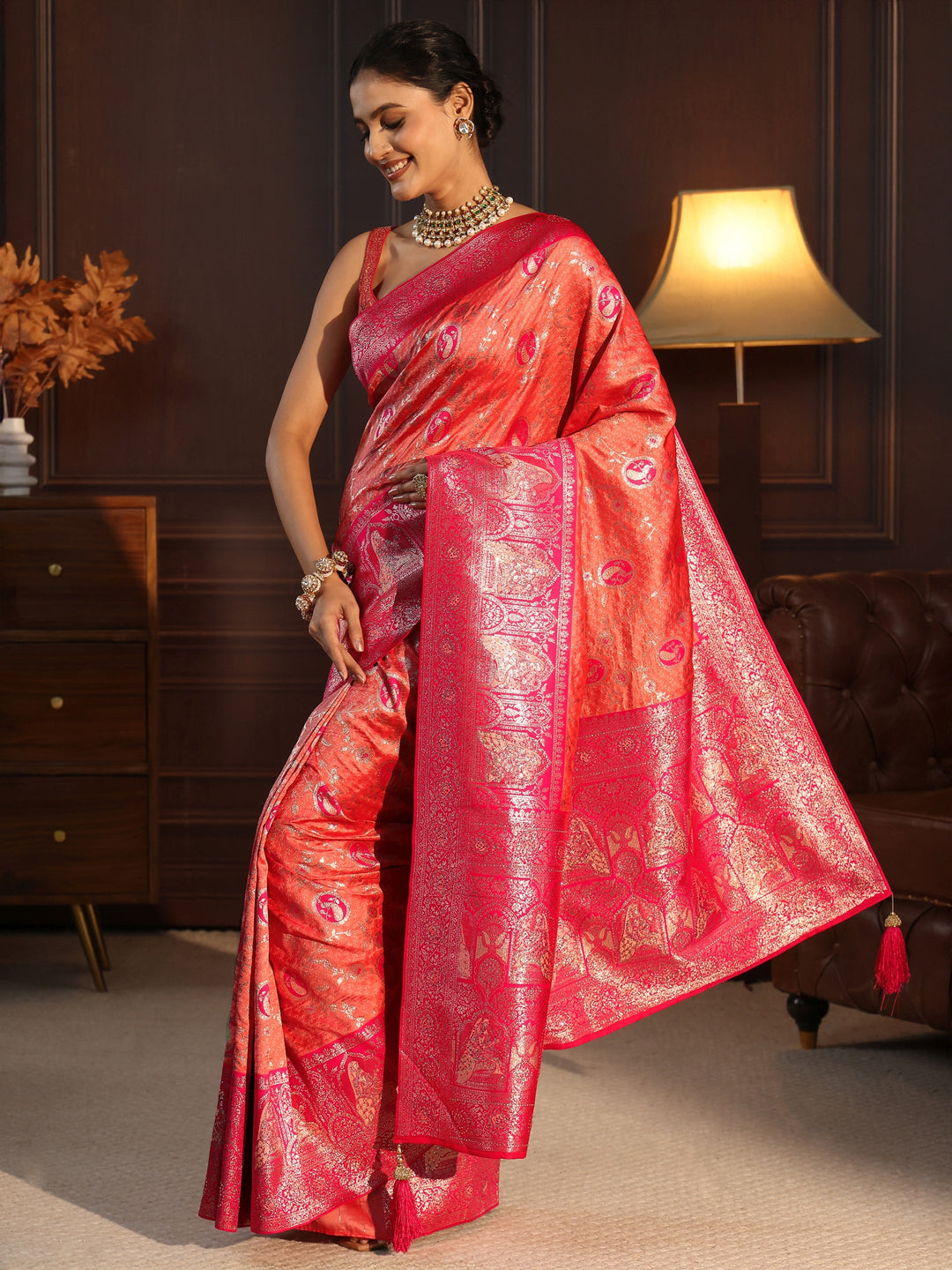  Libas Peach and Pink Woven Design Silk Blend Saree with Embellished Pallu 