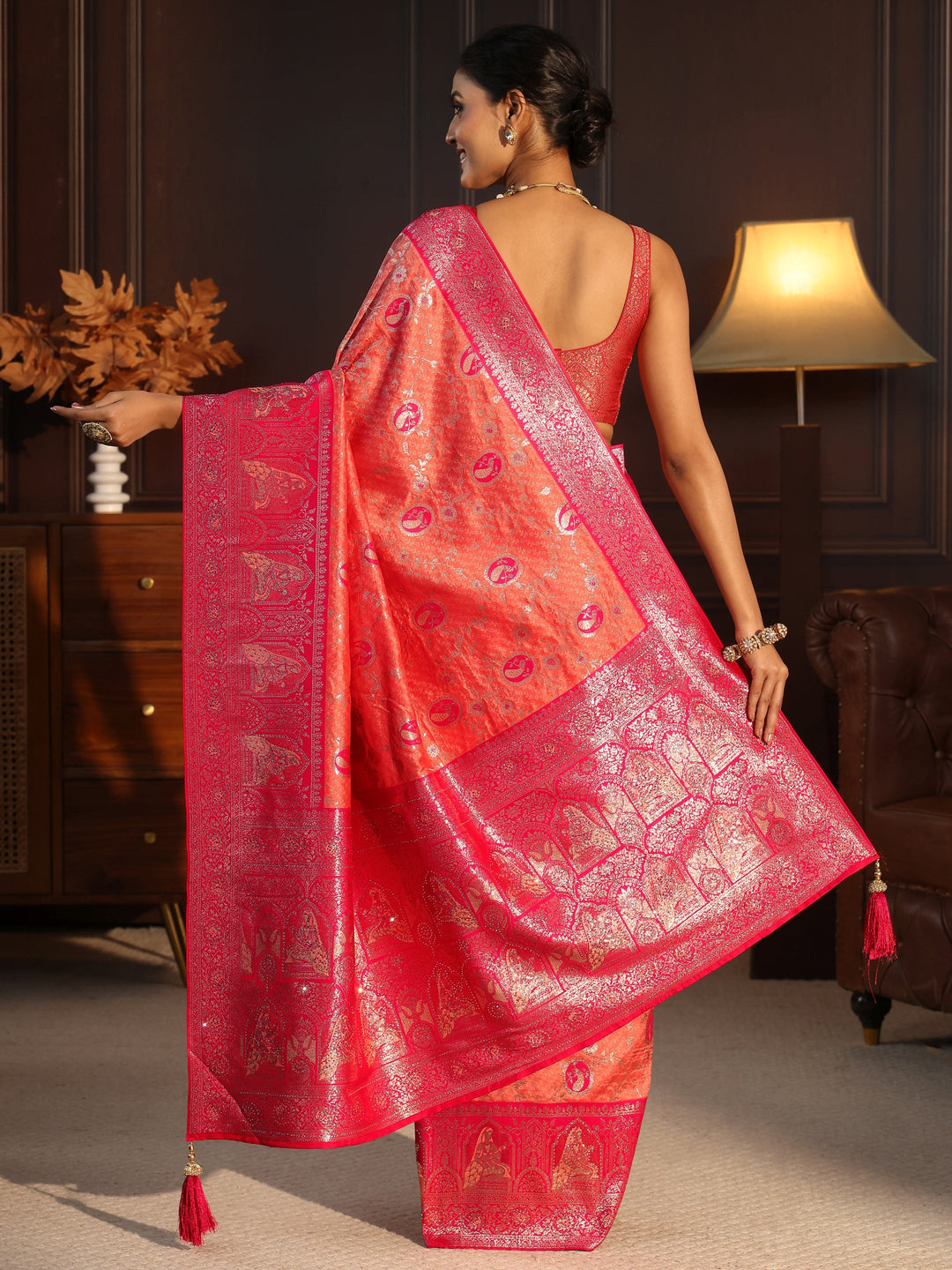  Libas Peach and Pink Woven Design Silk Blend Saree with Embellished Pallu 