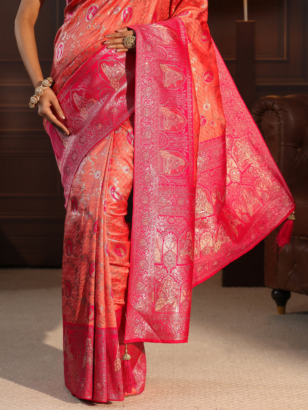 Libas Peach and Pink Woven Design Silk Blend Saree with Embellished Pallu 