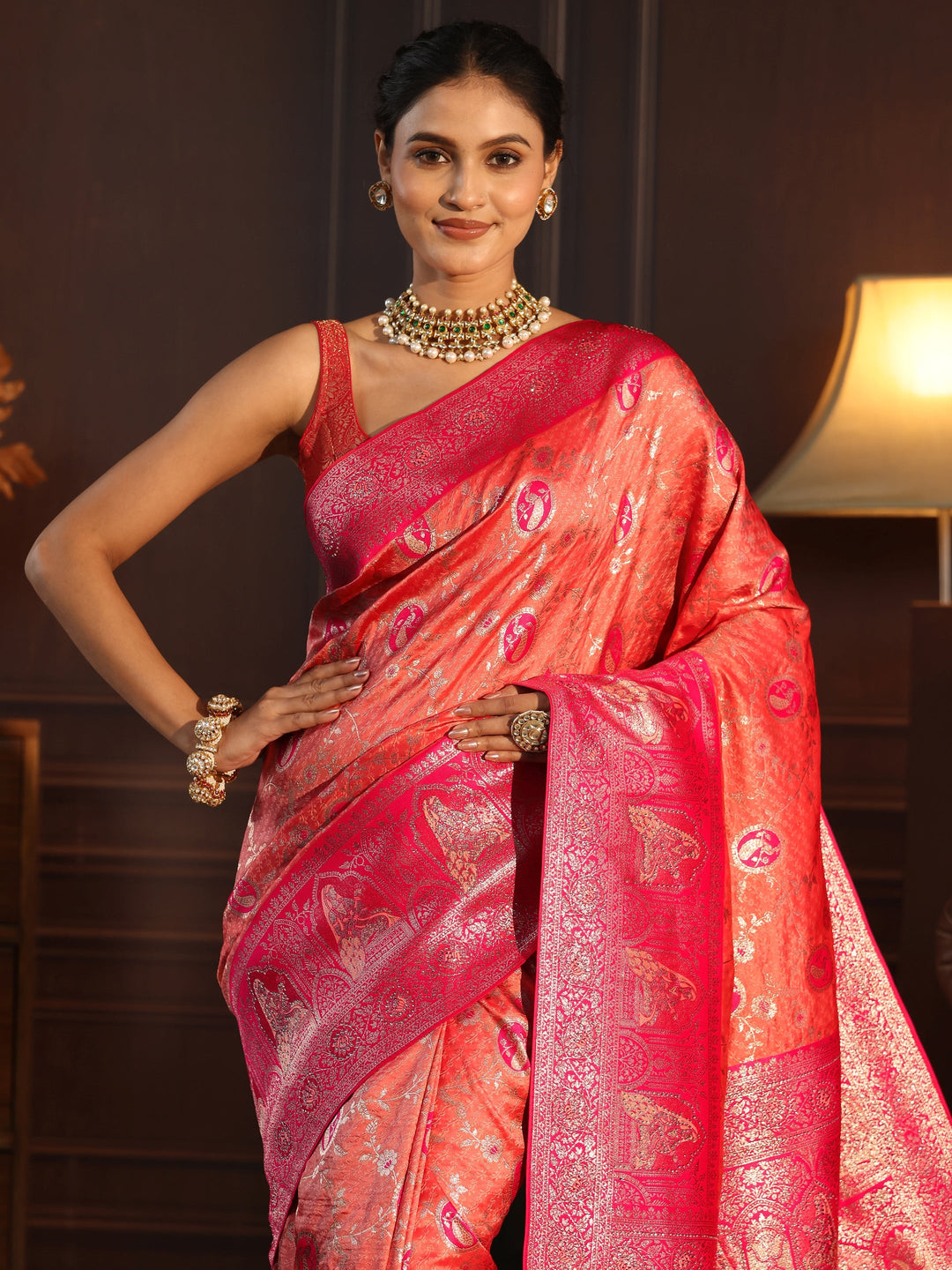  Libas Peach and Pink Woven Design Silk Blend Saree with Embellished Pallu 