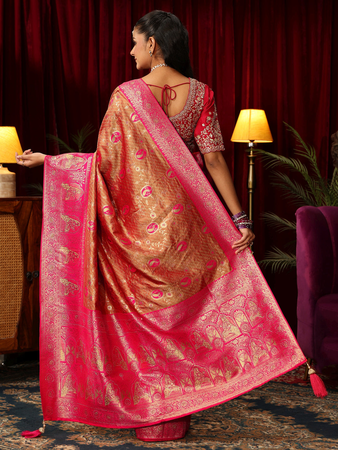  Libas Caramel Orange and Pink Woven Design Silk Blend Saree 