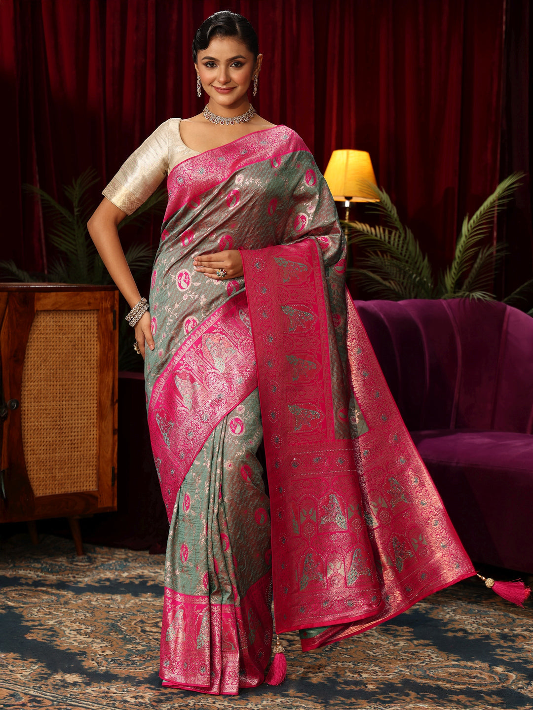  Libas Grey Woven Design Silk Blend Saree with Pink Pallu 