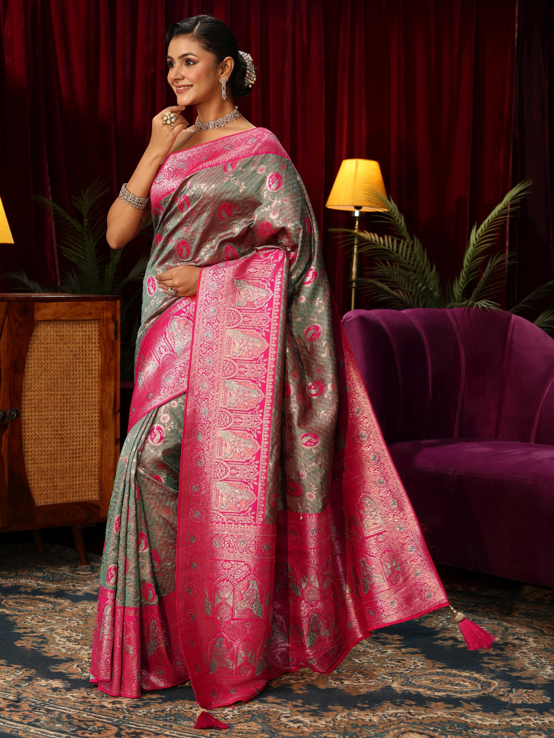  Libas Grey Woven Design Silk Blend Saree with Pink Pallu 
