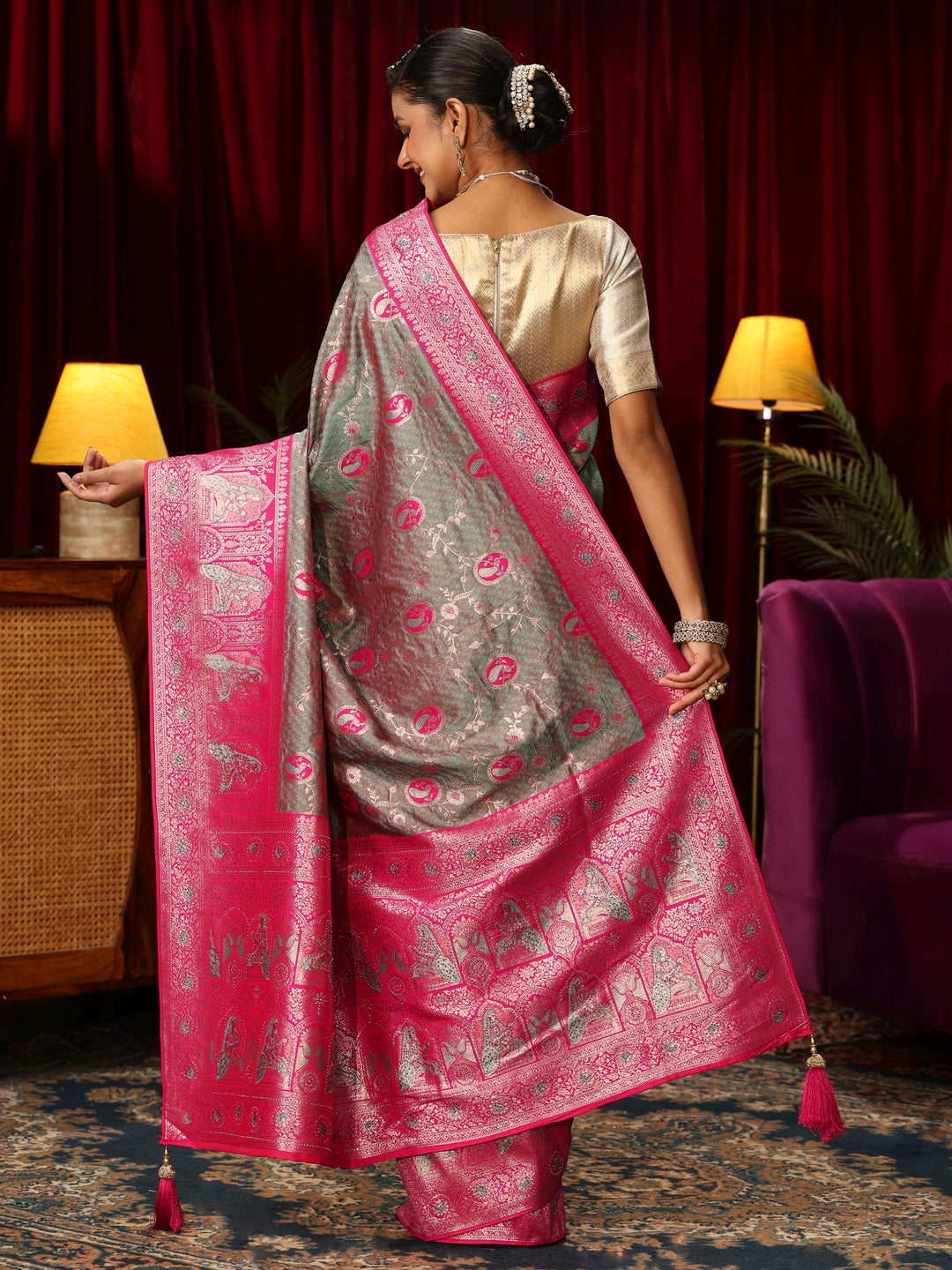  Libas Grey Woven Design Silk Blend Saree with Pink Pallu 